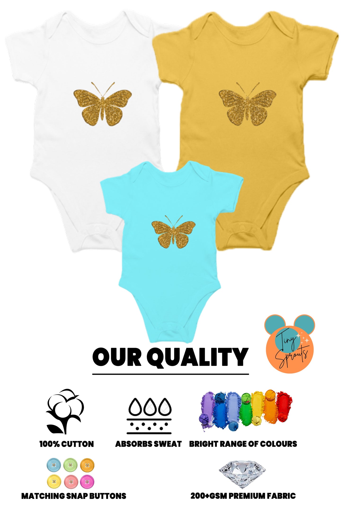 TinySprout’s Sleep Onesie for Babies – Golden butterfly Theme - baby clothing set