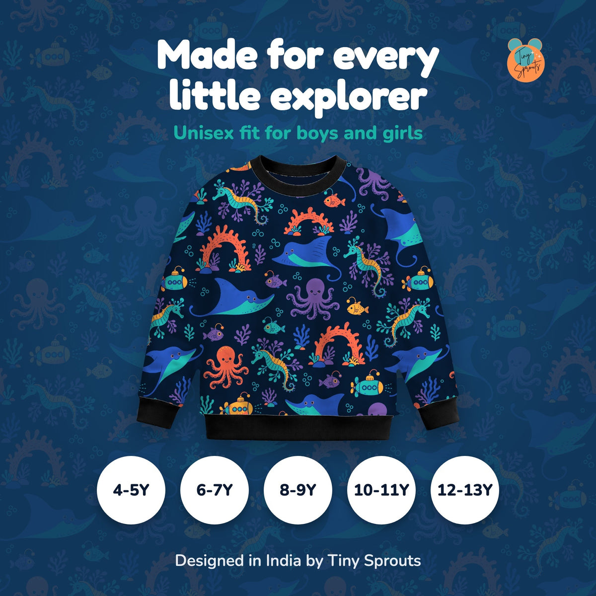 Tiny Sprouts Midnight Reef Explorers Kids Sweatshirt, unisex sizes 4-5Y to 12-13Y