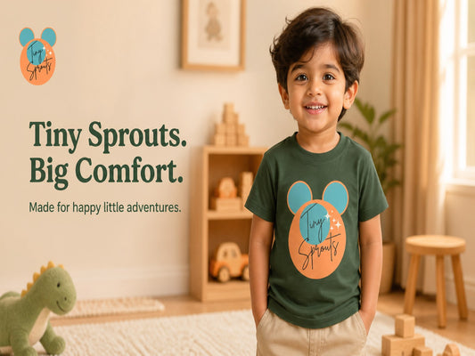 Toddler wearing an olive green Tiny Sprouts round neck cotton t-shirt — toddler t-shirt size guide India, 1 to 6 years
