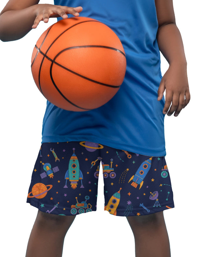 Tiny Sprouts Rocket Workshop Galaxy kids sports shorts with matching space print