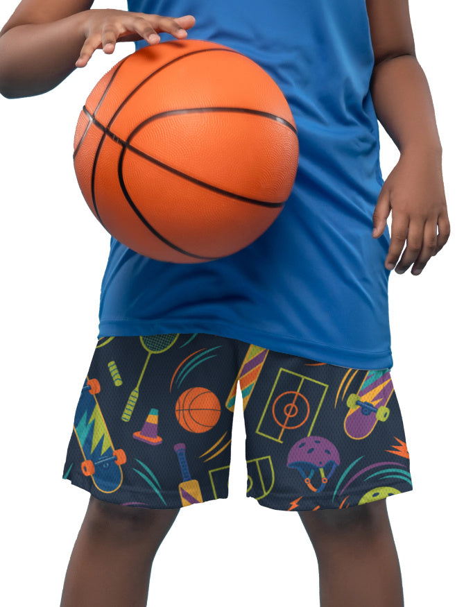 Tiny Sprouts Urban Play Circuit kids sports shorts with matching navy sports print