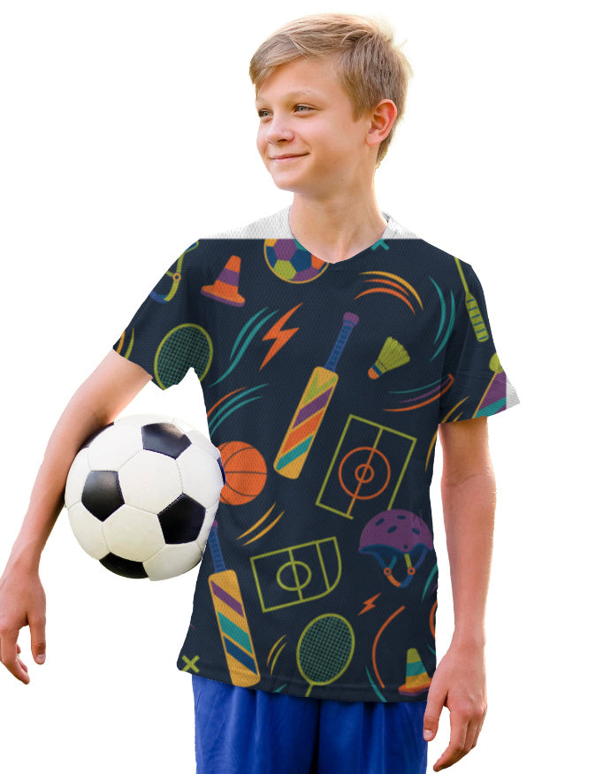 Tiny Sprouts Urban Play Circuit kids sports t-shirt with all-over sports gear print on navy