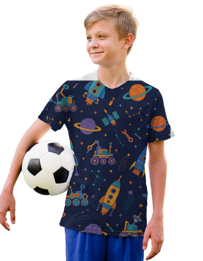 Tiny Sprouts Rocket Workshop Galaxy kids sports t-shirt with rockets and planets print on navy