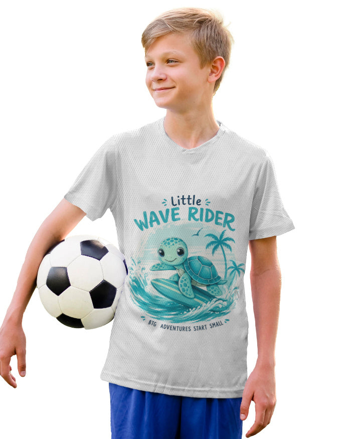 Tiny Sprouts Wave Rider kids sports t-shirt with surfing turtle print