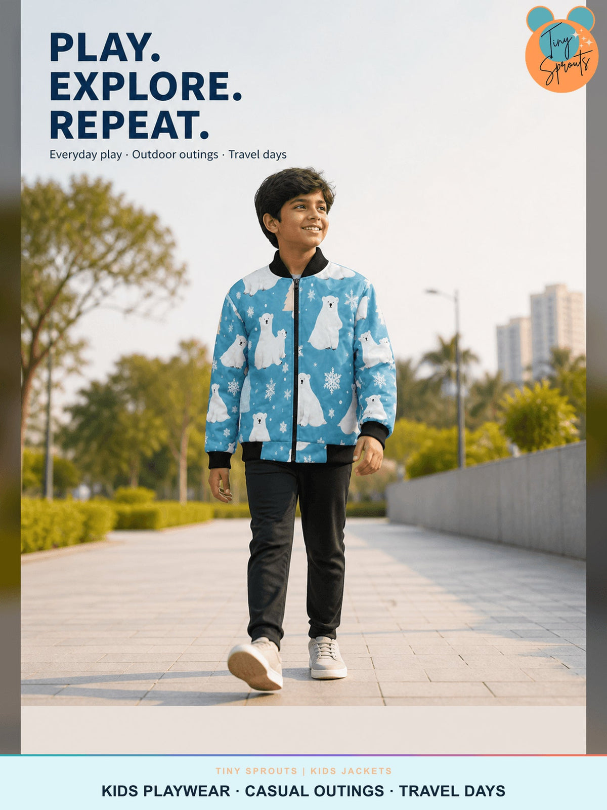 Tiny Sprouts Polar Bear Kids Bomber Jacket - 06 Play Explore Repeat