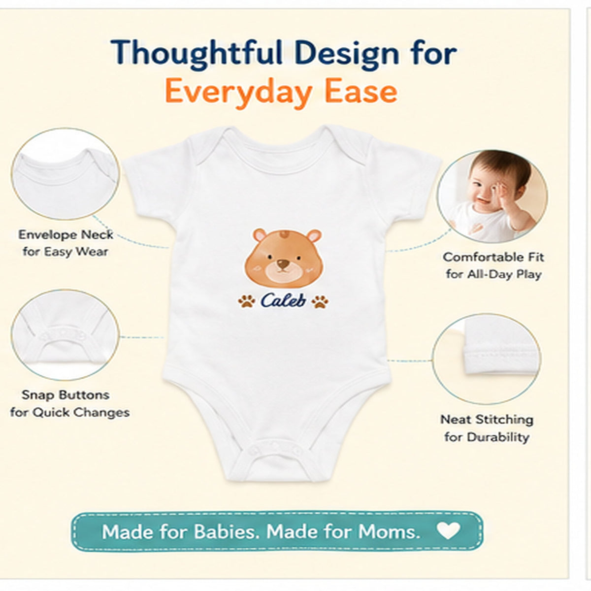 Bear Caleb baby onesie detail 3