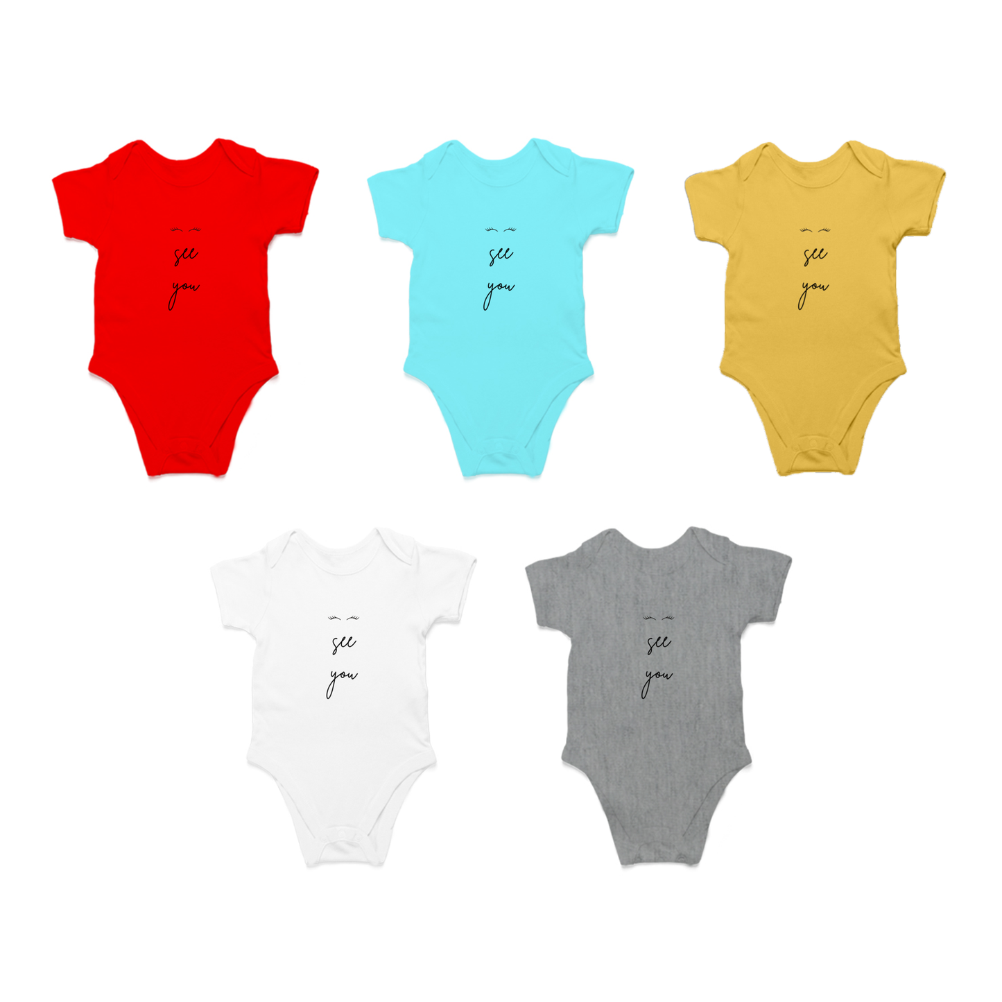Pack of 5 TinySprout's IseeYou baby sleep onesies in red, sky blue, yellow, white and grey melange