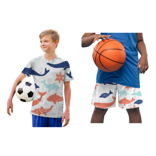 Tiny Sprouts OceanWhale kids AOP sports set - matching Dri-FIT t-shirt and shorts with navy whale and coral dolphin all-over print