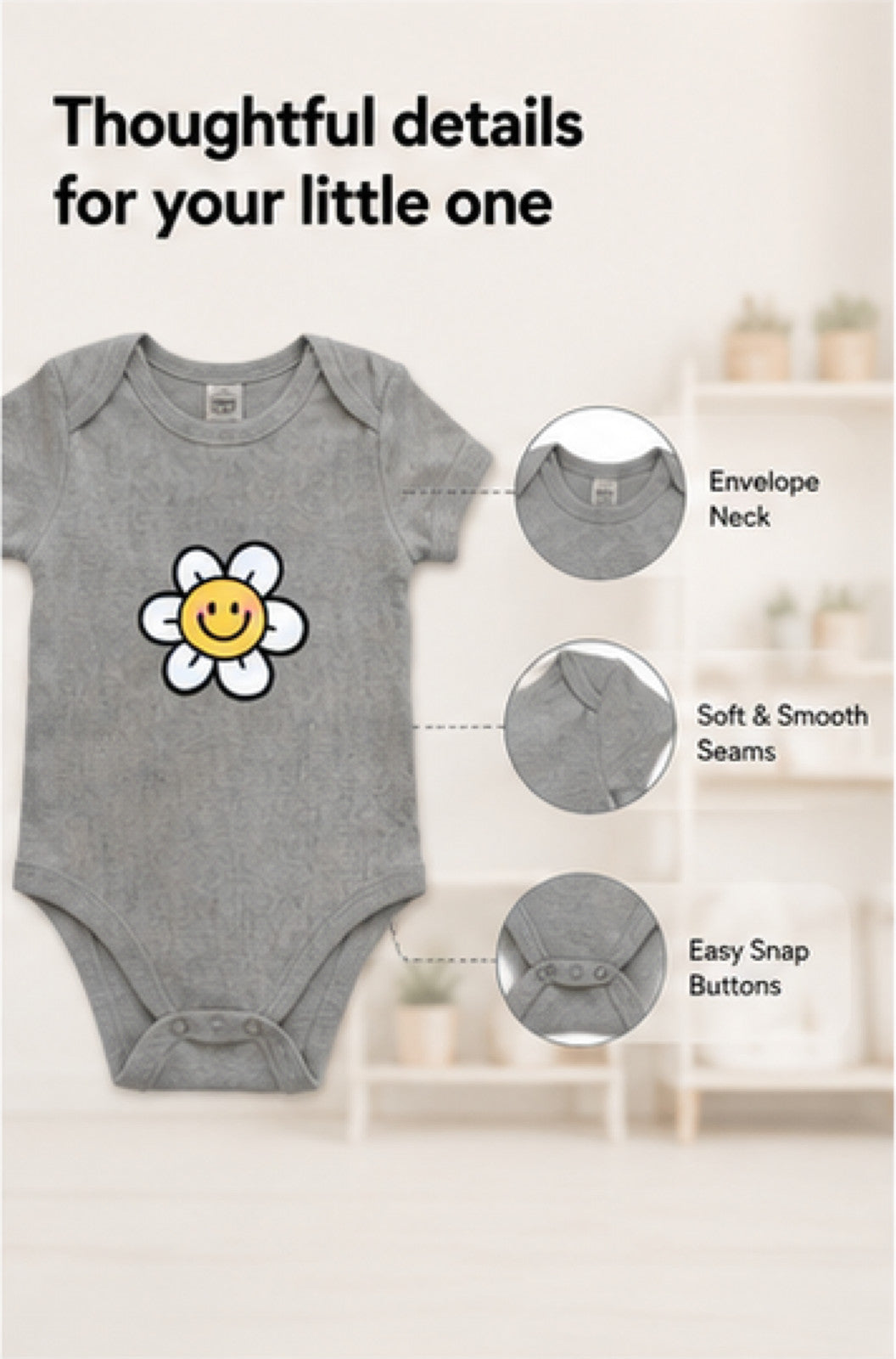 Smiling Flower baby onesie detail 3