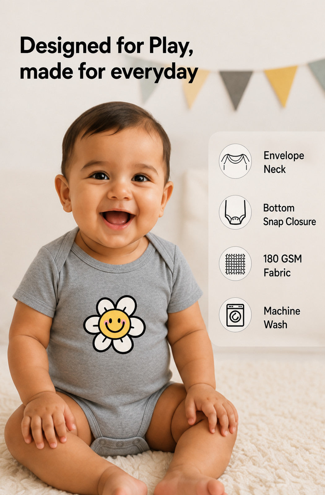 Smiling Flower baby onesie detail 4