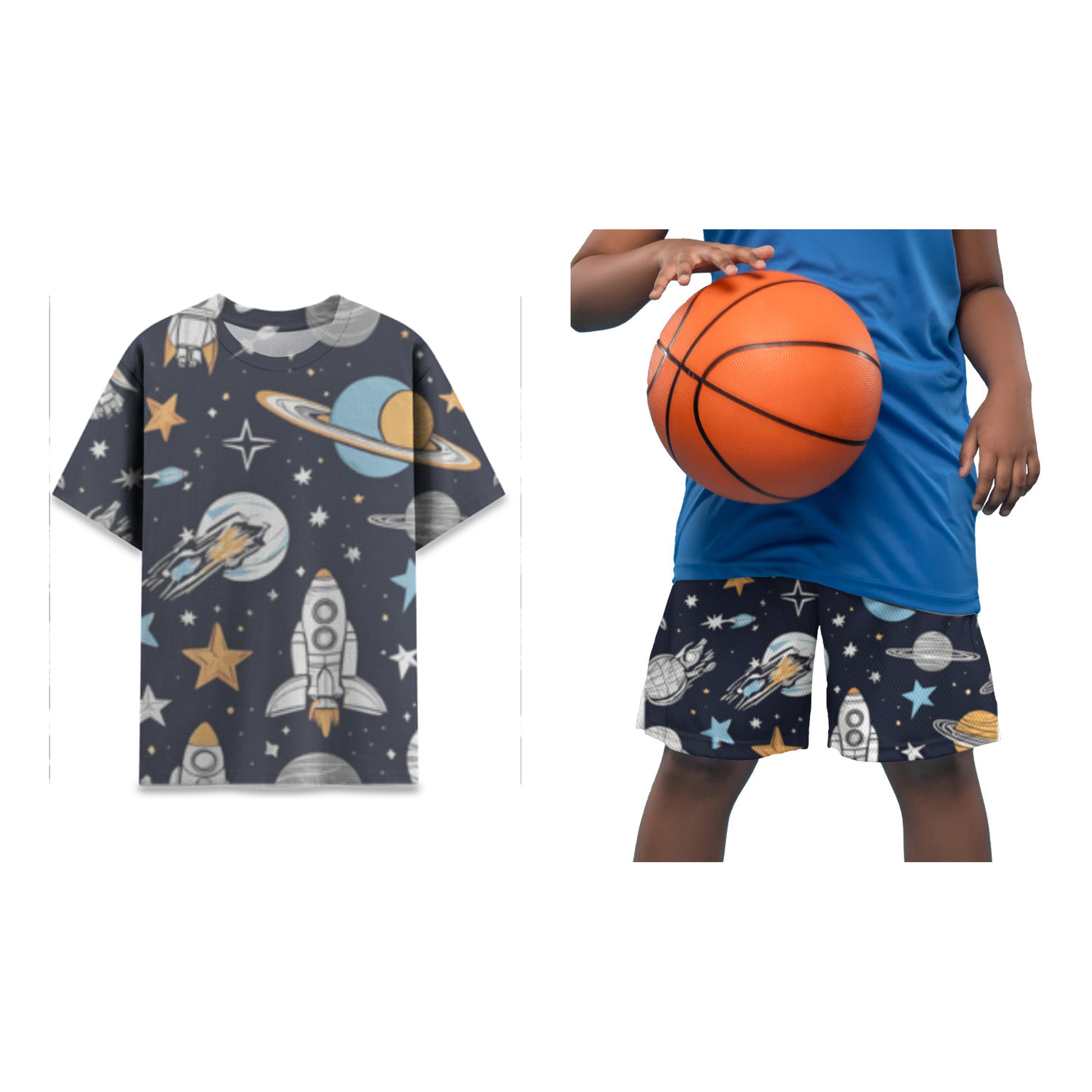 Tiny Sprouts Space and Star kids AOP sports set - matching Dri-FIT t-shirt and shorts with rocket, planet and star all-over print