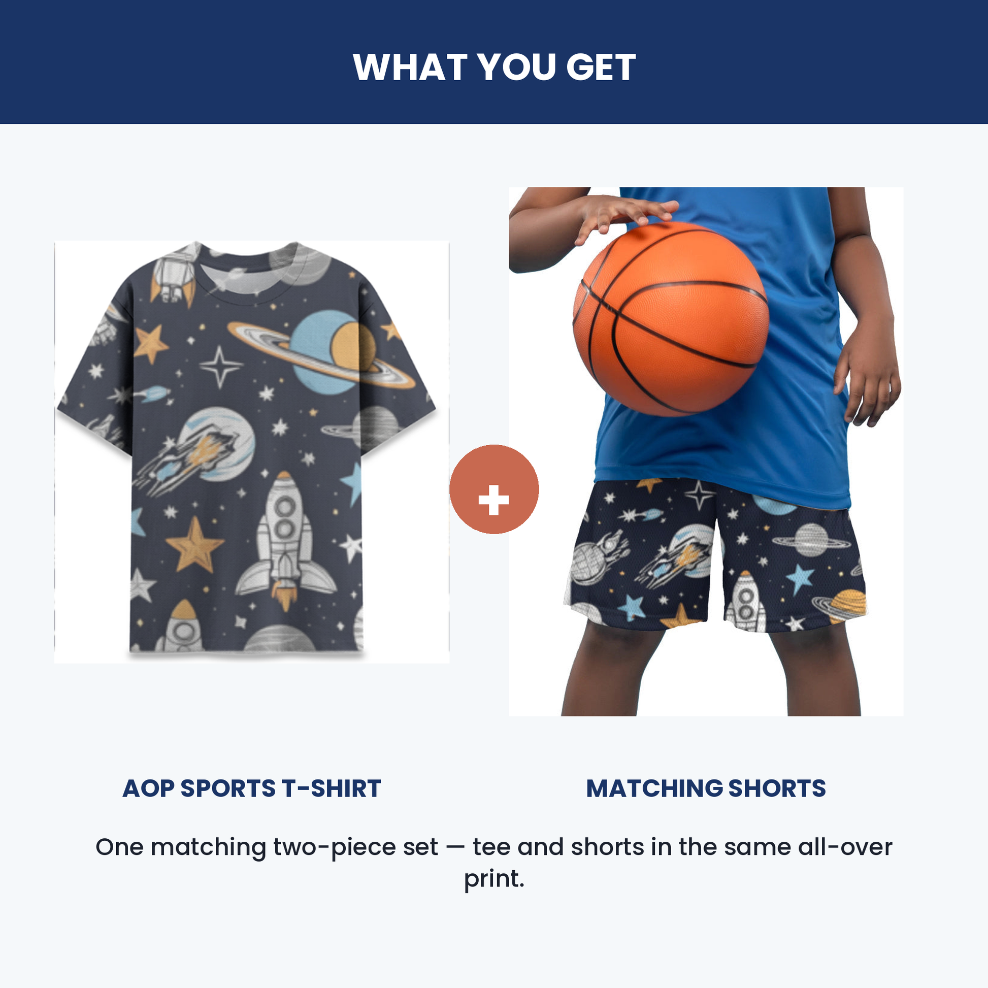 What you get - Space and Star AOP sports t-shirt plus matching shorts, a two-piece set