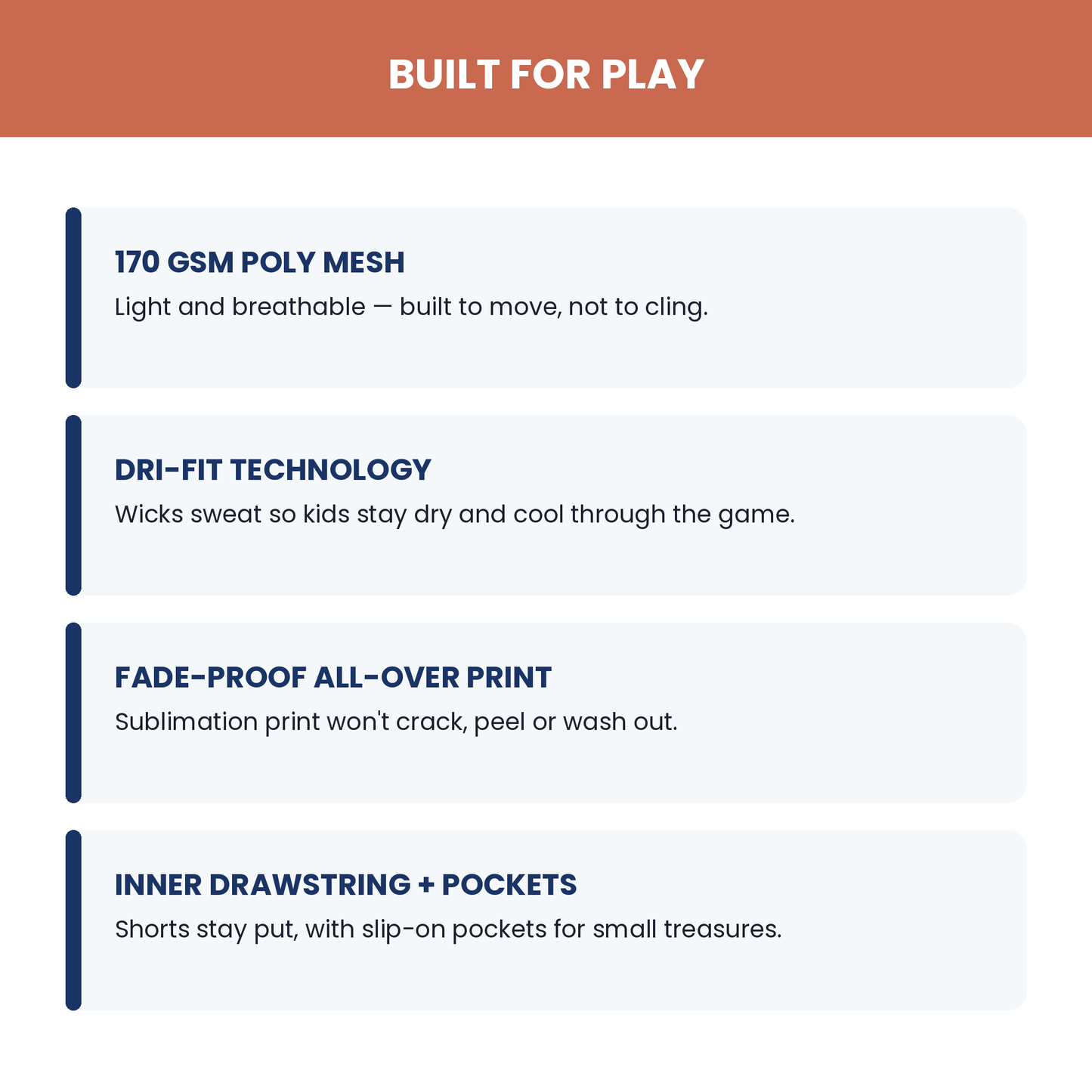 Built for play - 170 GSM poly mesh, Dri-FIT, fade-proof all-over print, drawstring and pockets
