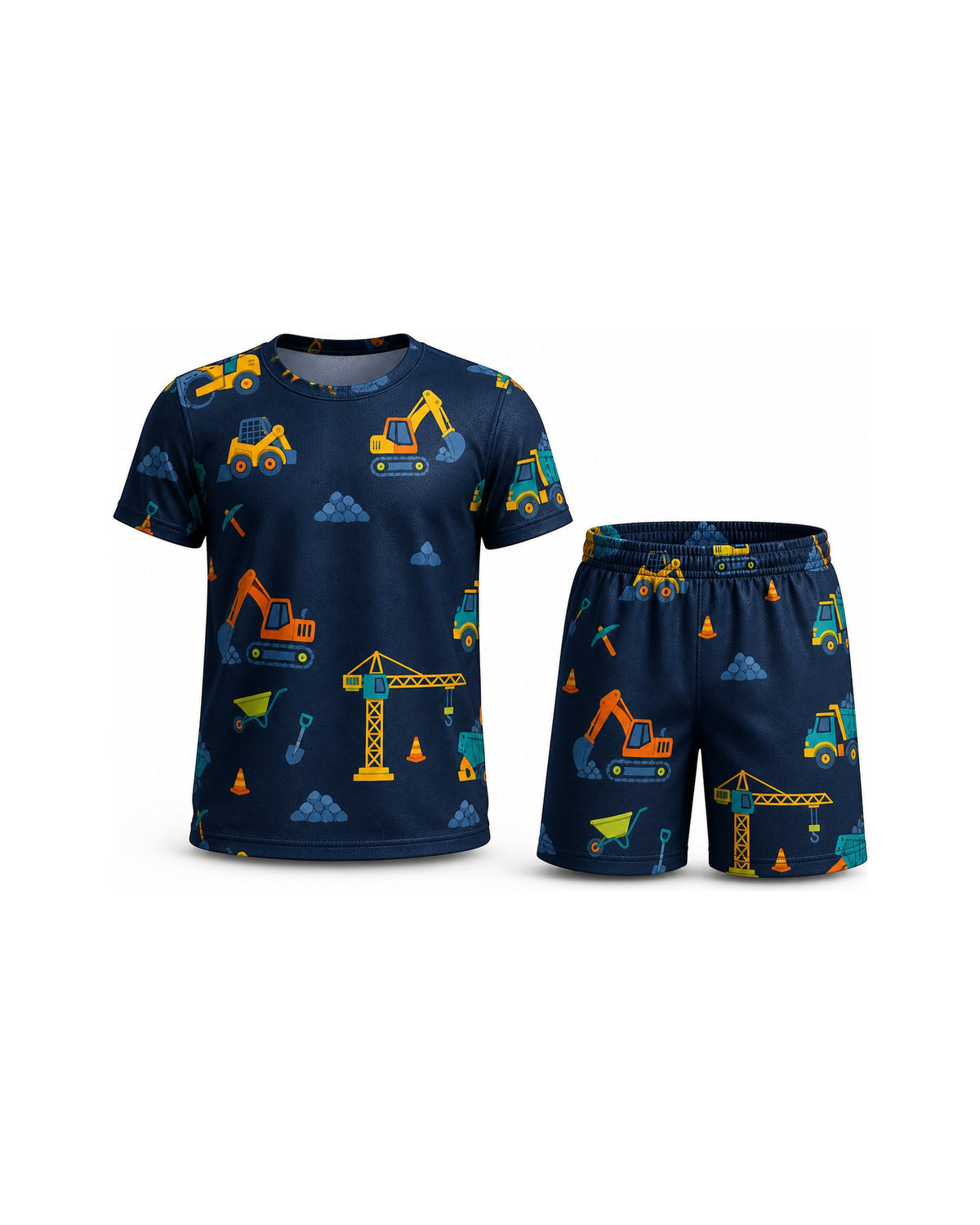 Tiny Sprouts Construction Night Shift Kids AOP Sports Set - t-shirt and shorts, front view