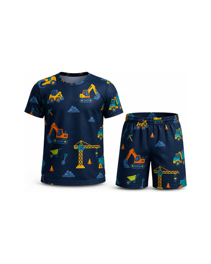 Tiny Sprouts Construction Night Shift Kids AOP Sports Set - t-shirt and shorts, front view
