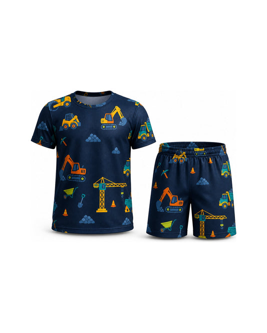 Tiny Sprouts Construction Night Shift Kids AOP Sports Set - t-shirt and shorts, front view