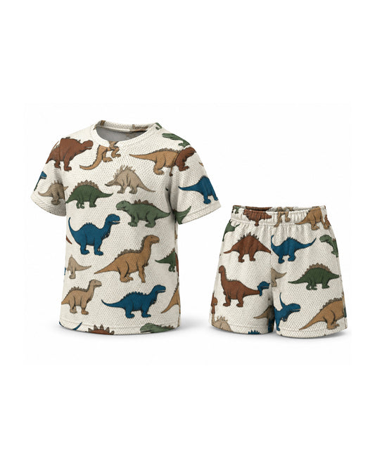 Tiny Sprouts Dino Kids AOP Sports Set - t-shirt and shorts, front view