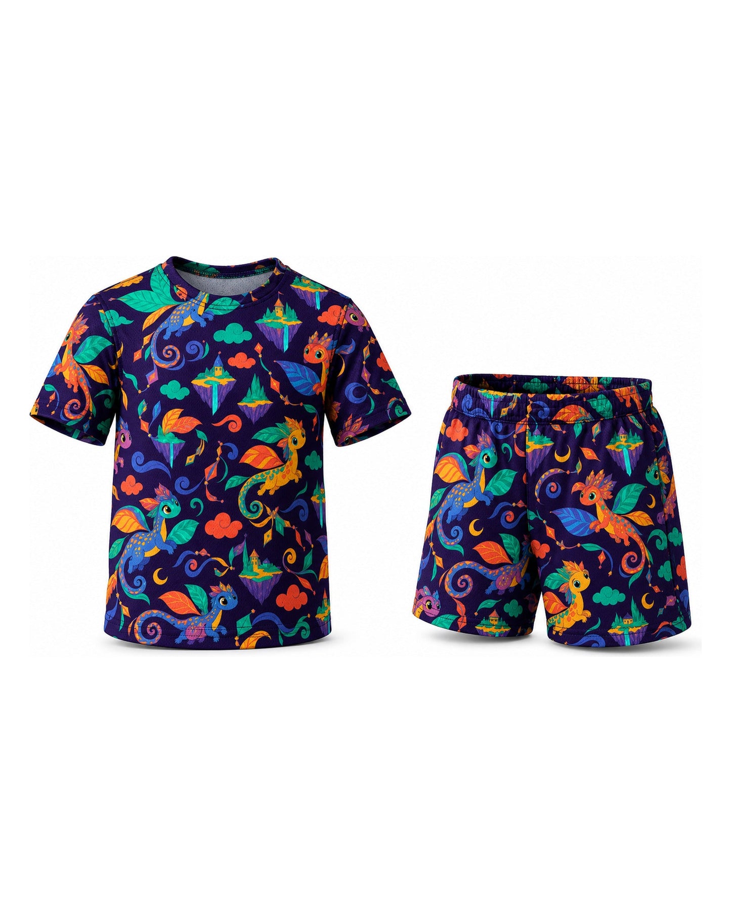 Tiny Sprouts Dragon Kite Flight School Kids AOP Sports Set - t-shirt and shorts, front view