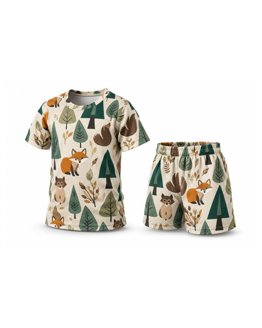 Tiny Sprouts Forest Kids AOP Sports Set - t-shirt and shorts, front view