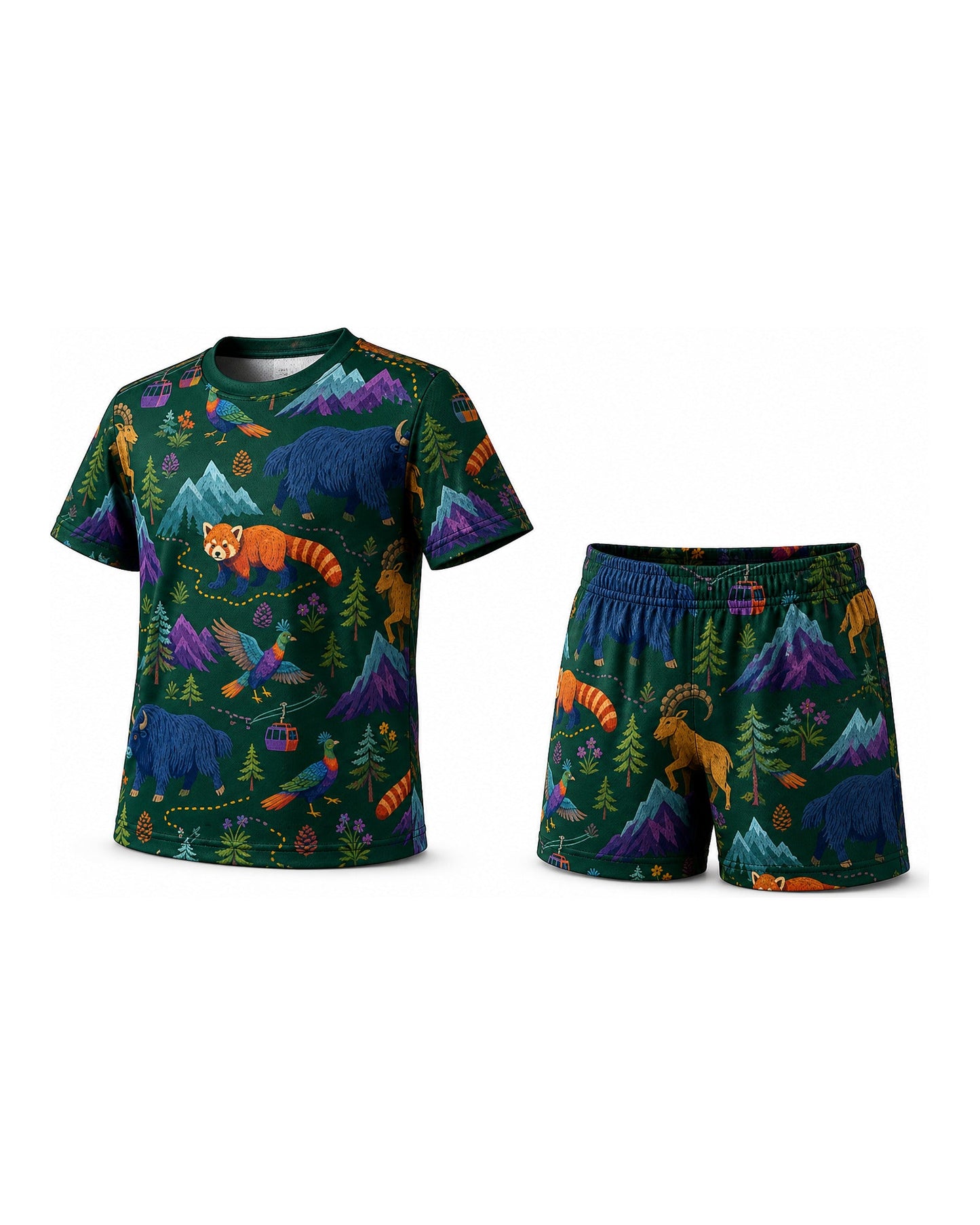 Tiny Sprouts Himalayan Trail Friends Kids AOP Sports Set - t-shirt and shorts, front view