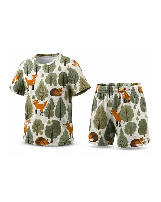 Tiny Sprouts Jungle Fox Kids AOP Sports Set - t-shirt and shorts, front view