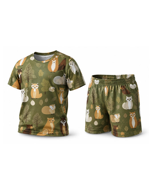 Tiny Sprouts Jungle Leaf Kids AOP Sports Set - t-shirt and shorts, front view