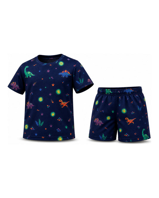 Tiny Sprouts Midnight Dino Quest Kids AOP Sports Set - t-shirt and shorts, front view