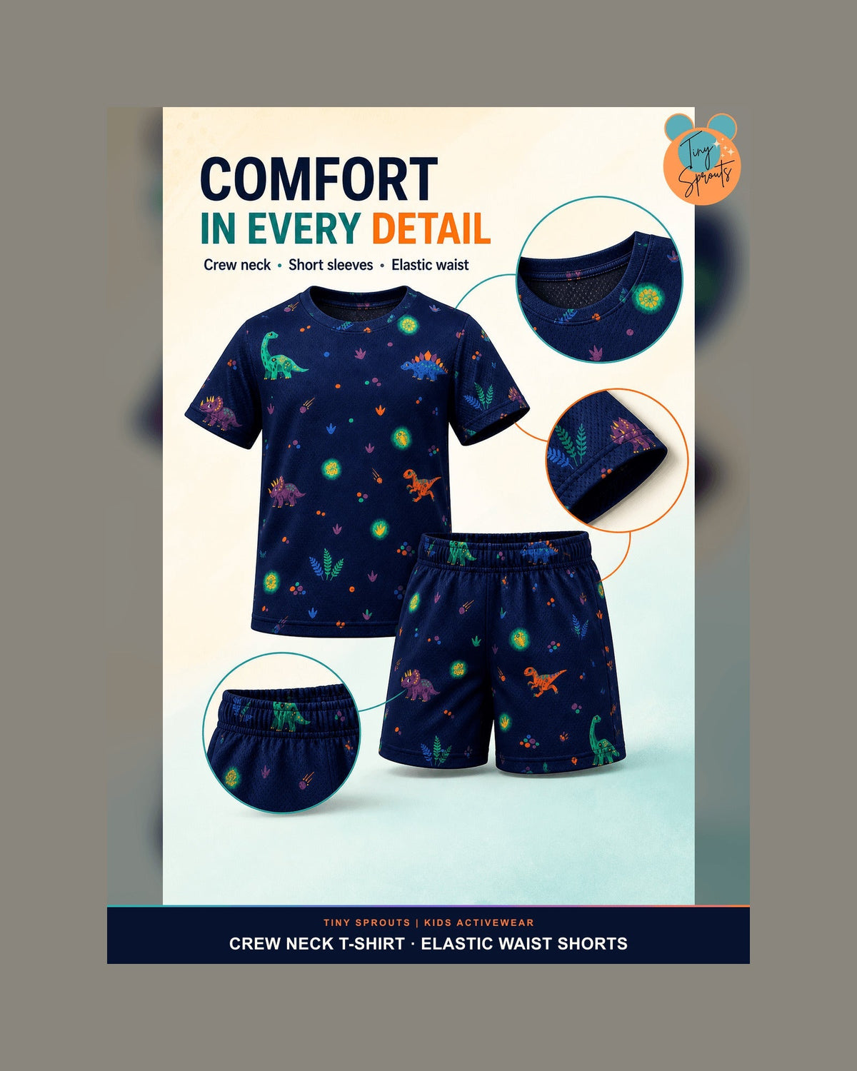 Kids AOP Sports Shorts - Midnight Dino Quest - detail 5 of 8