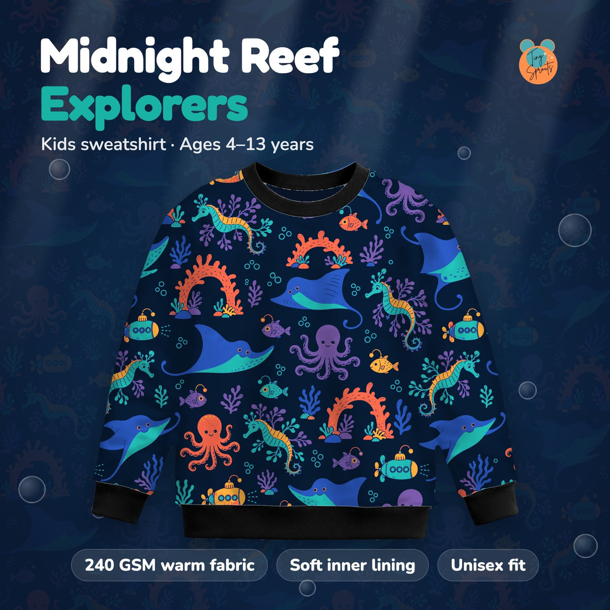 Tiny Sprouts Midnight Reef Explorers Kids Sweatshirt, ages 4 to 13 years