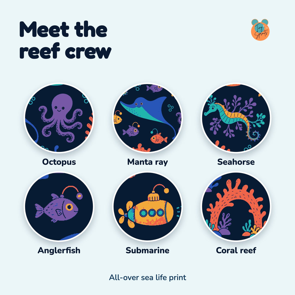 Tiny Sprouts Midnight Reef Explorers Kids Sweatshirt, print with octopus, manta ray, seahorse, anglerfish, submarine and coral