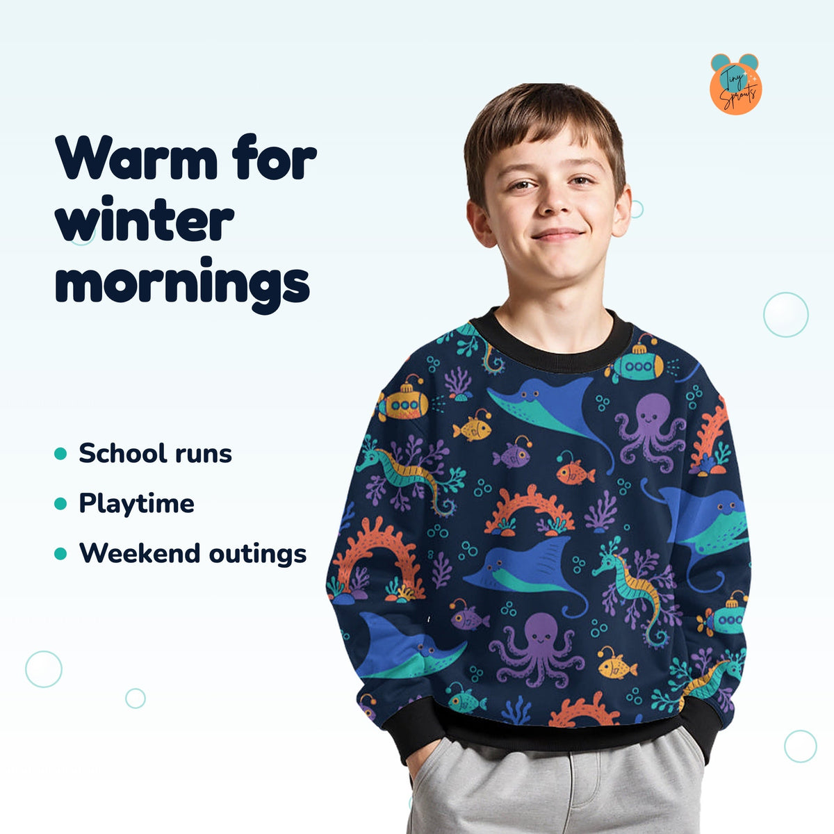 Tiny Sprouts Midnight Reef Explorers Kids Sweatshirt, worn by a child