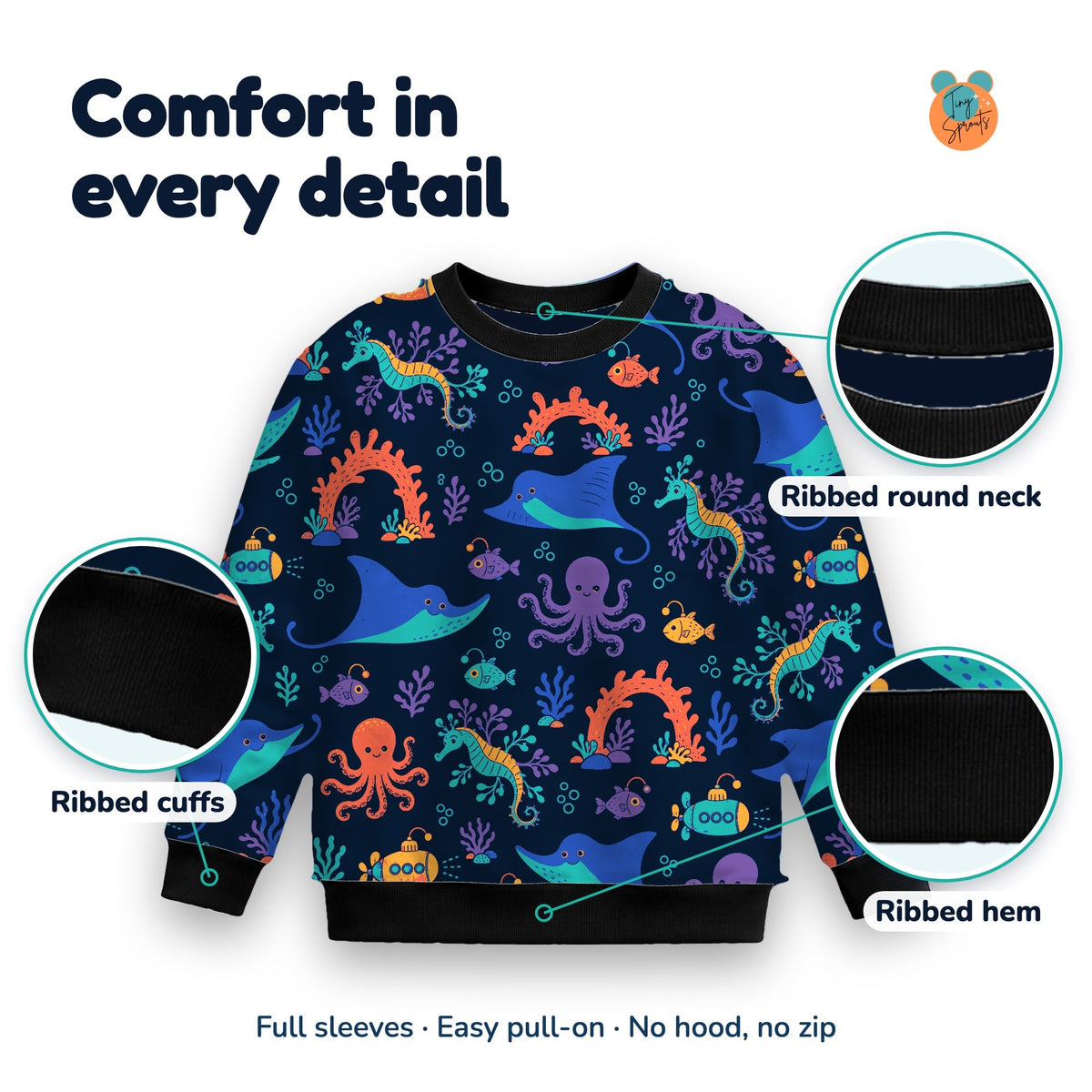 Tiny Sprouts Midnight Reef Explorers Kids Sweatshirt, ribbed round neck, cuffs and hem