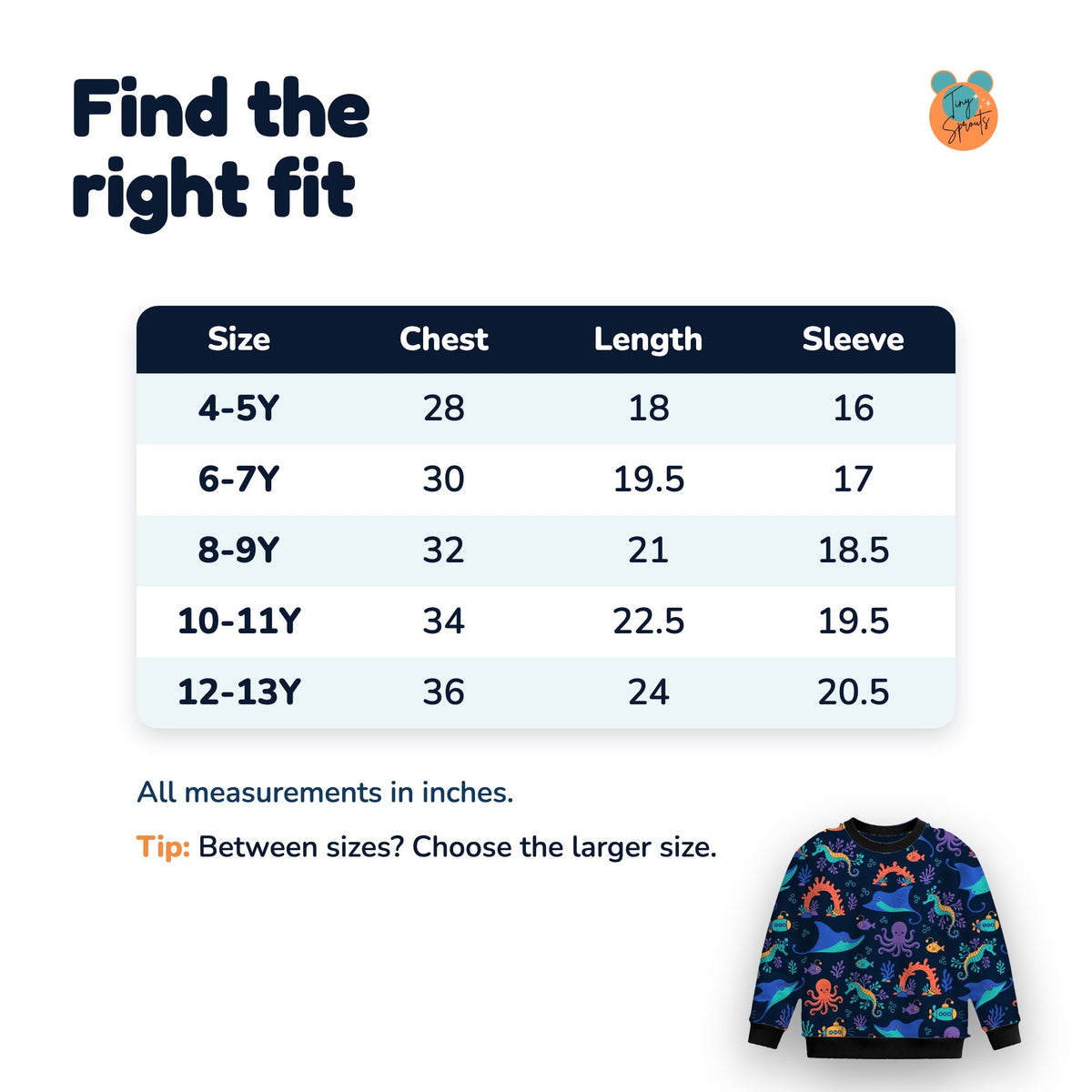 Tiny Sprouts Midnight Reef Explorers Kids Sweatshirt, size chart in inches