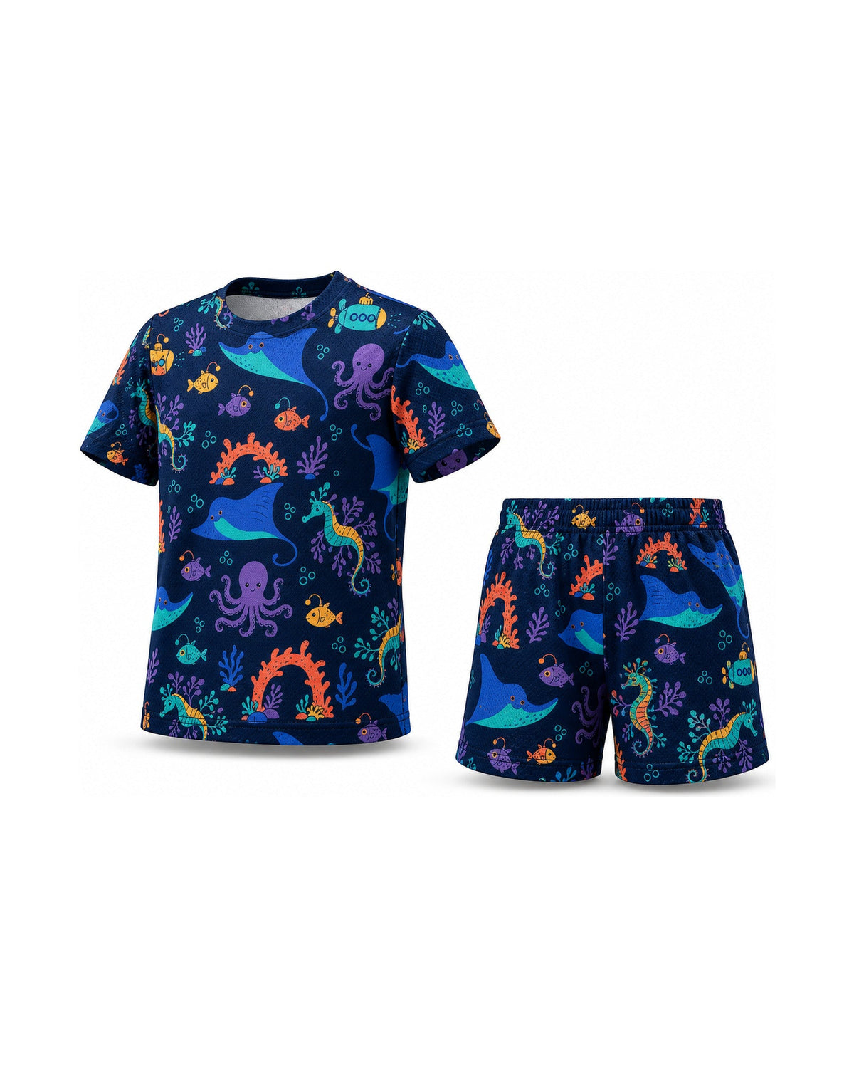 Tiny Sprouts Midnight Reef Explorers Kids AOP Sports Set - t-shirt and shorts, front view