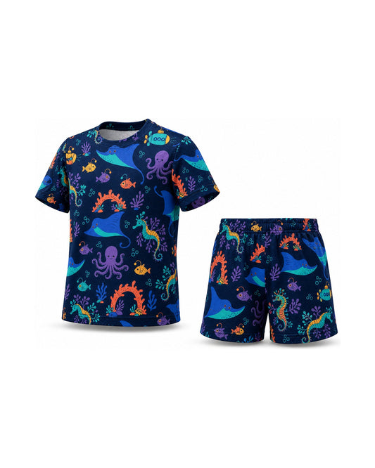 Tiny Sprouts Midnight Reef Explorers Kids AOP Sports Set - t-shirt and shorts, front view