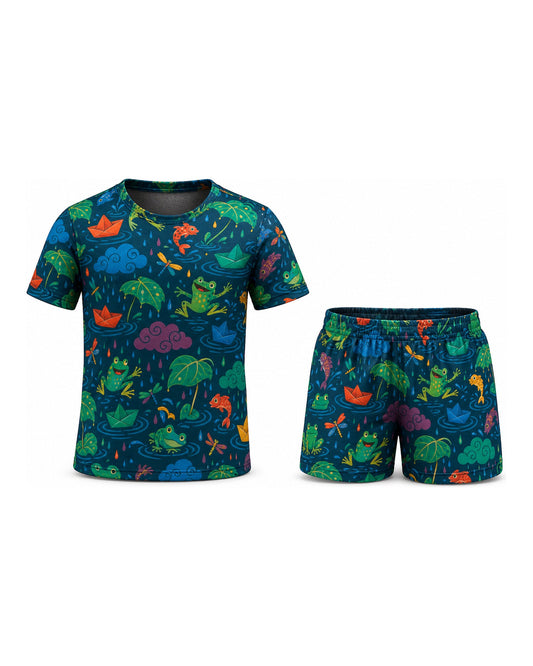 Tiny Sprouts Monsoon Puddle Adventure Kids AOP Sports Set - t-shirt and shorts, front view