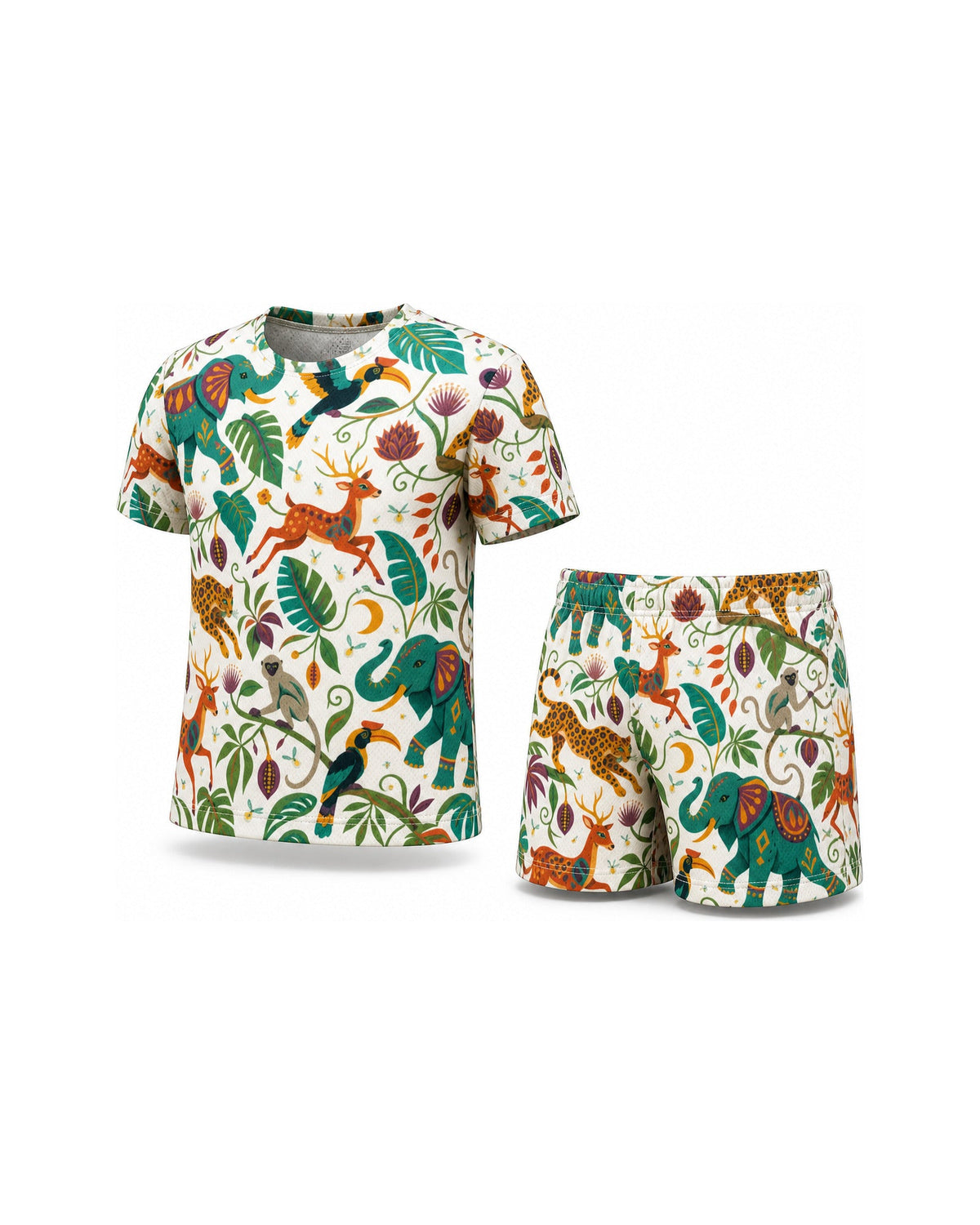 Tiny Sprouts Moonlit Jungle Parade Kids AOP Sports Set - t-shirt and shorts, front view