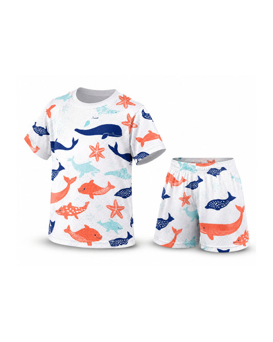 Tiny Sprouts OceanWhale Kids AOP Sports Set - t-shirt and shorts, front view
