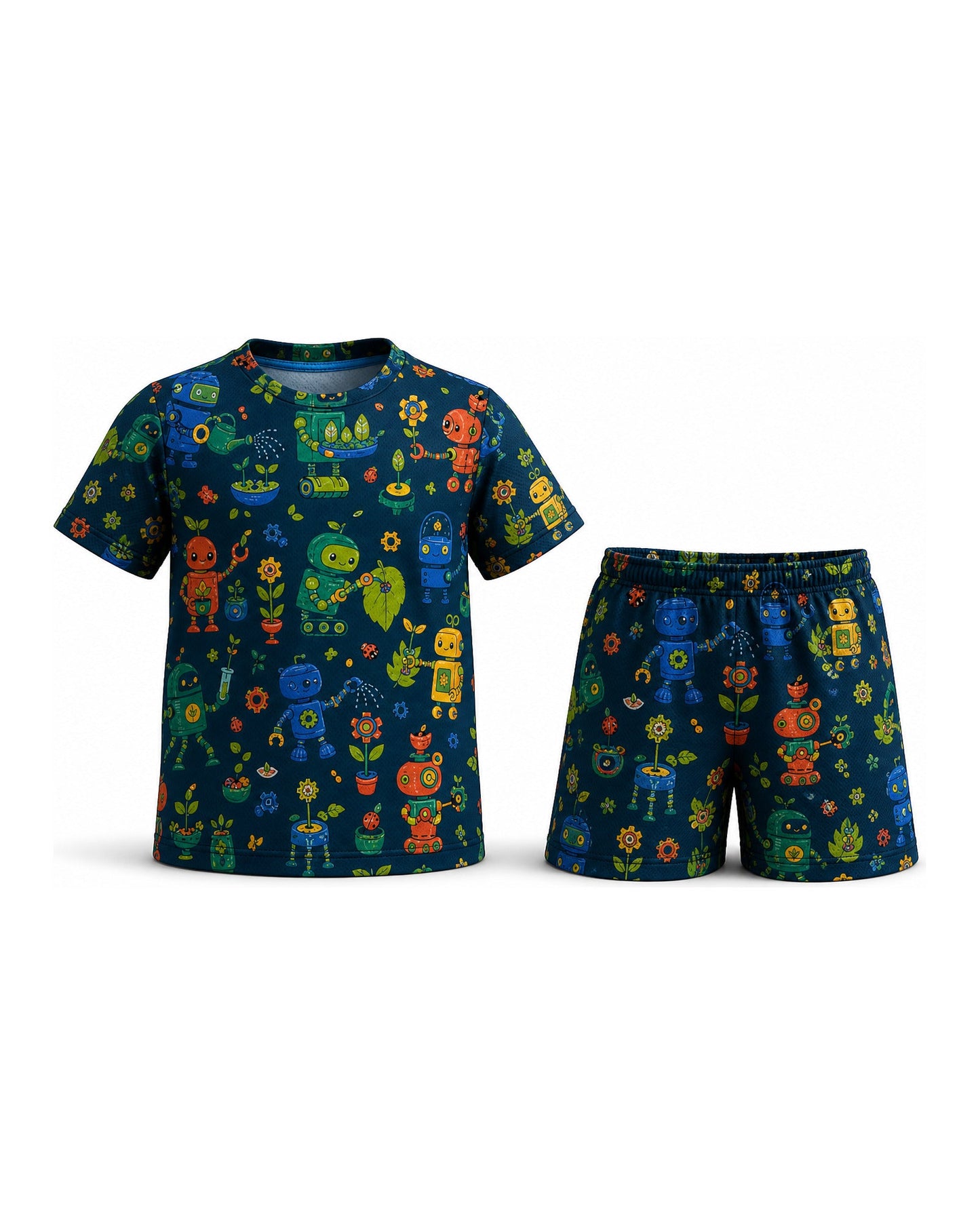 Tiny Sprouts Robot Garden Lab Kids AOP Sports Set - t-shirt and shorts, front view