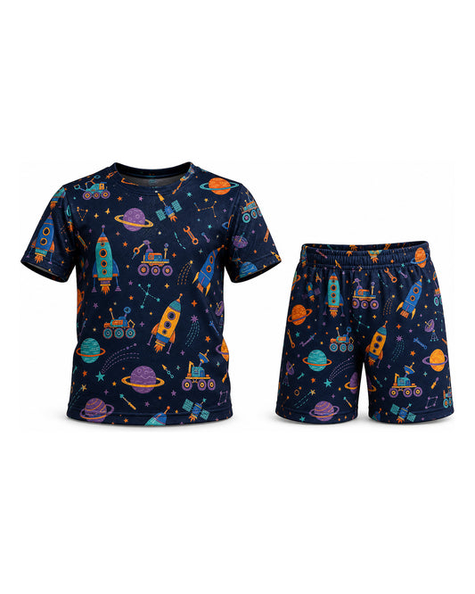 Tiny Sprouts Rocket Workshop Galaxy Kids AOP Sports Set - t-shirt and shorts, front view