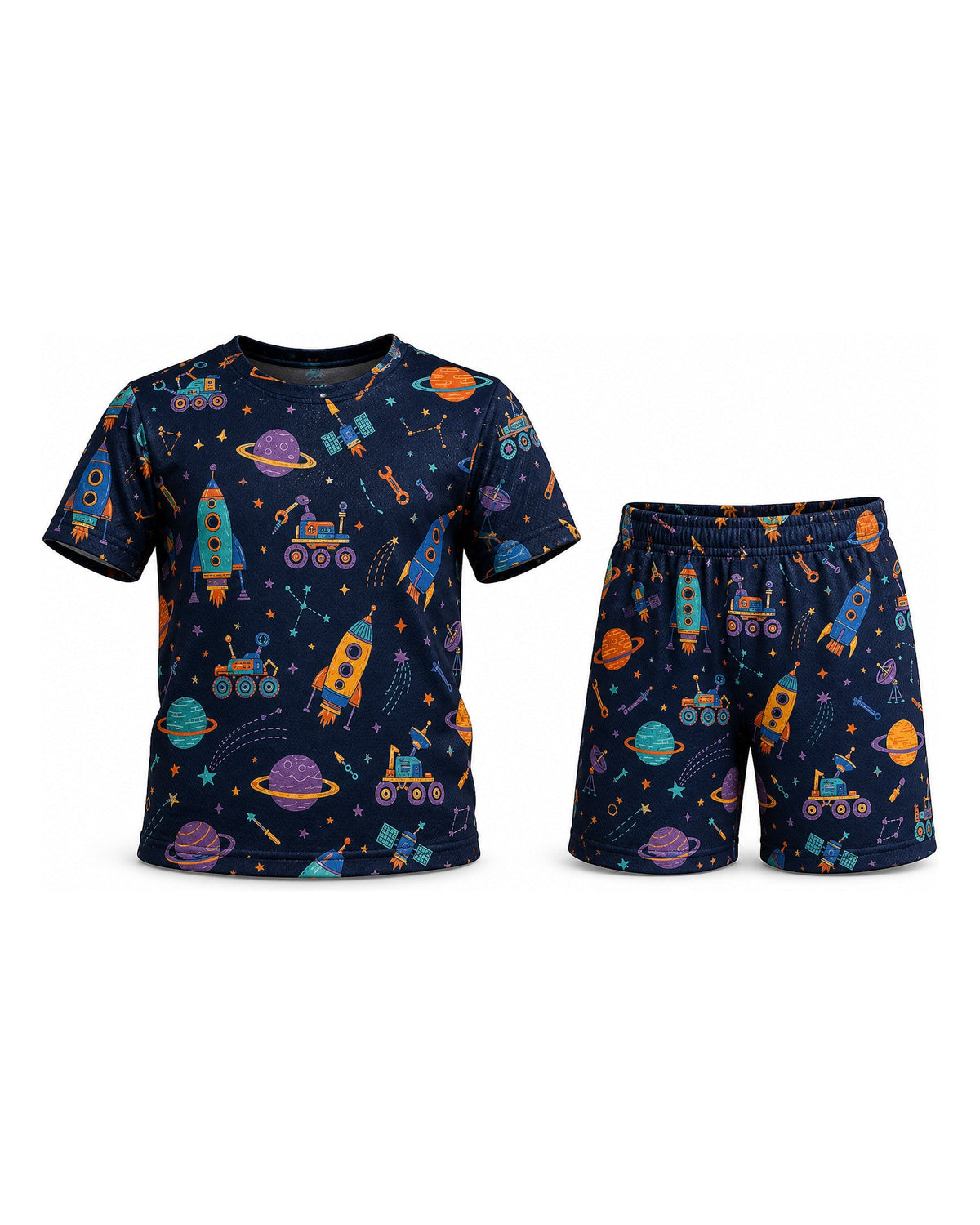 Kids AOP Sports Shorts - Rocket Workshop Galaxy - t-shirt and shorts set, front view