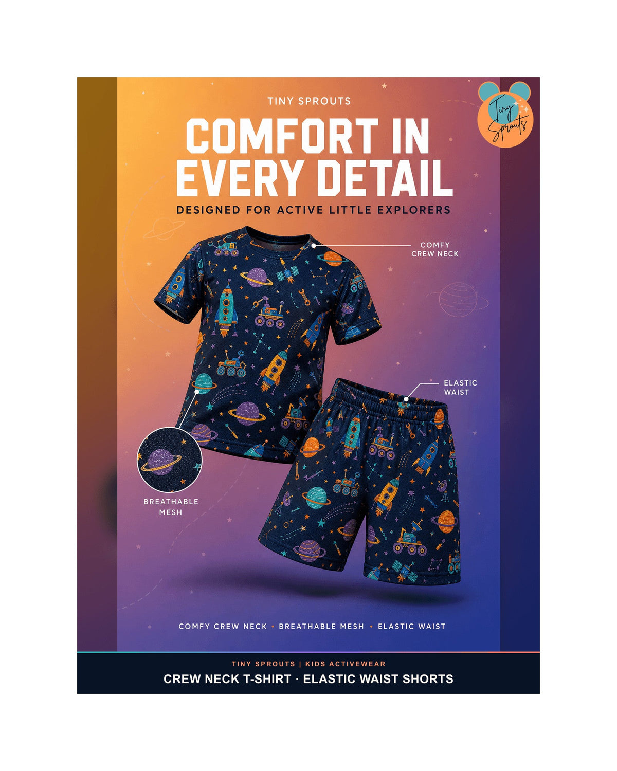 Kids AOP Sports Shorts - Rocket Workshop Galaxy - detail 5 of 8