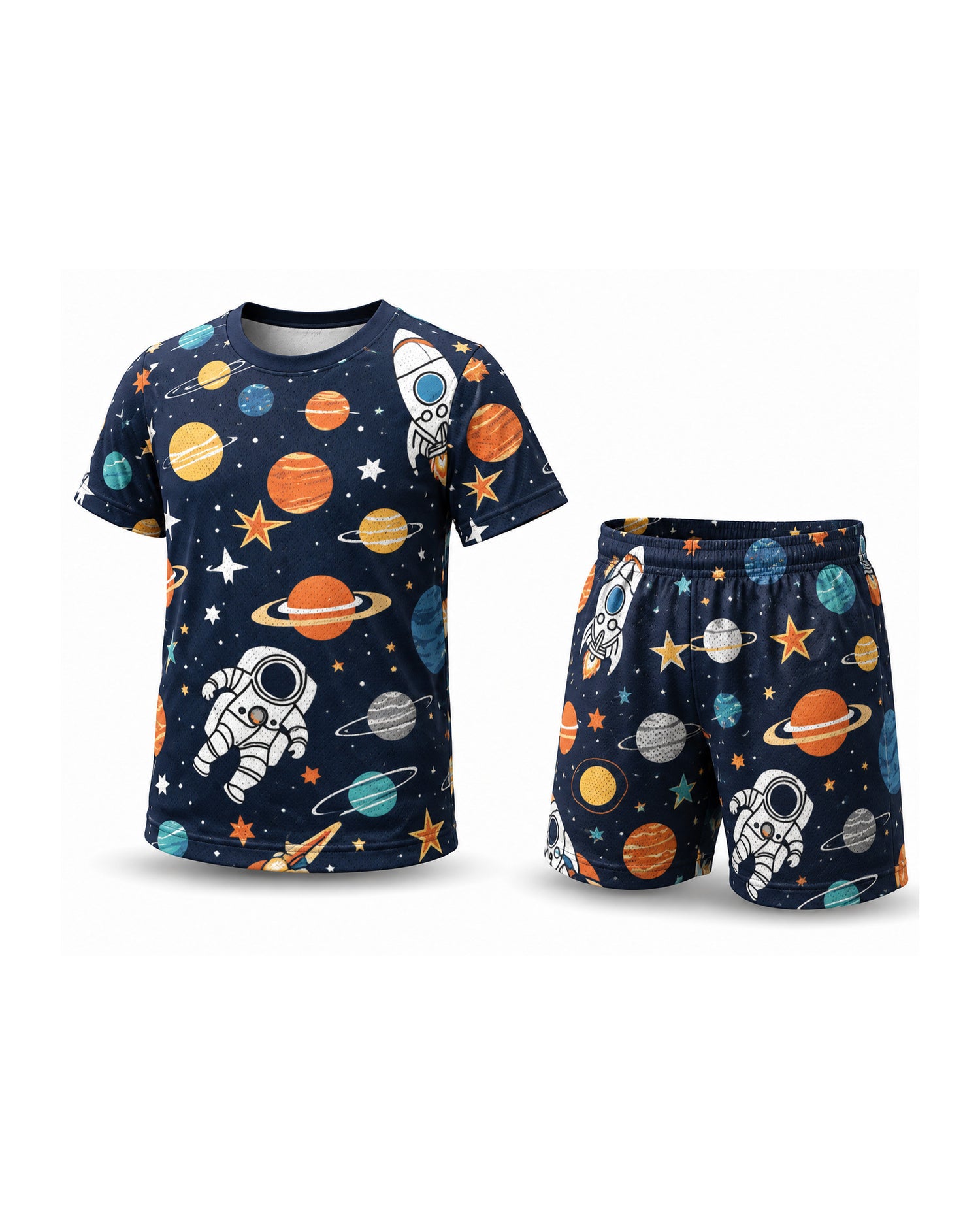 Tiny Sprouts Space Man Kids AOP Sports Set - t-shirt and shorts, front view