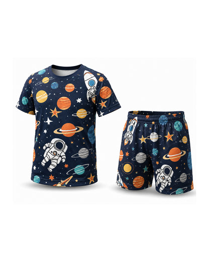 Tiny Sprouts Space Man Kids AOP Sports Set - t-shirt and shorts, front view