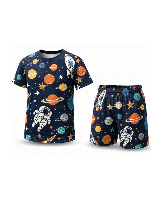 Tiny Sprouts Space Man Kids AOP Sports Set - t-shirt and shorts, front view
