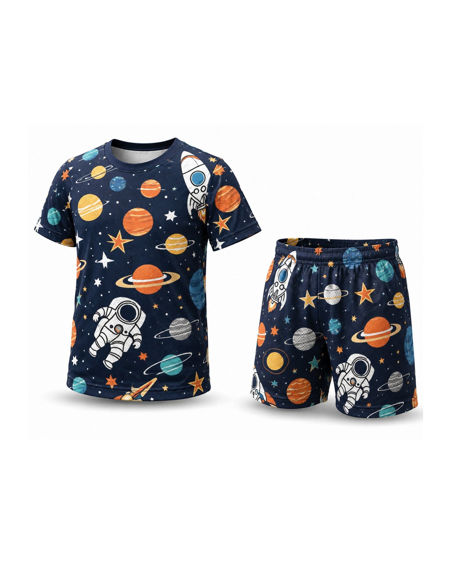 Kids AOP Sports Shorts - SpaceMan - t-shirt and shorts set, front view