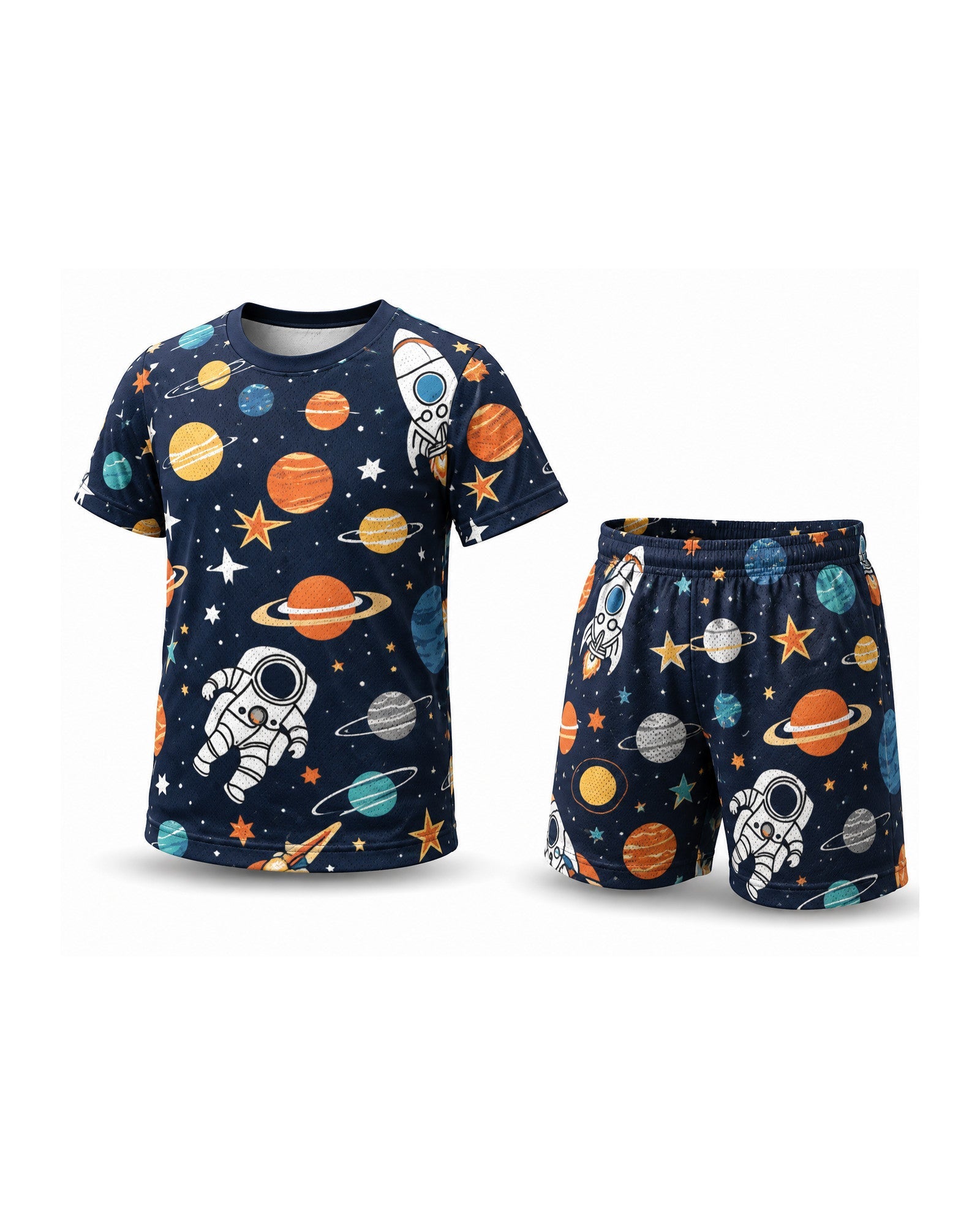 Kids AOP Sports Shorts - SpaceMan - t-shirt and shorts set, front view