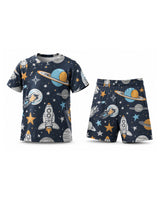 Tiny Sprouts Space & Star Kids AOP Sports Set - t-shirt and shorts, front view