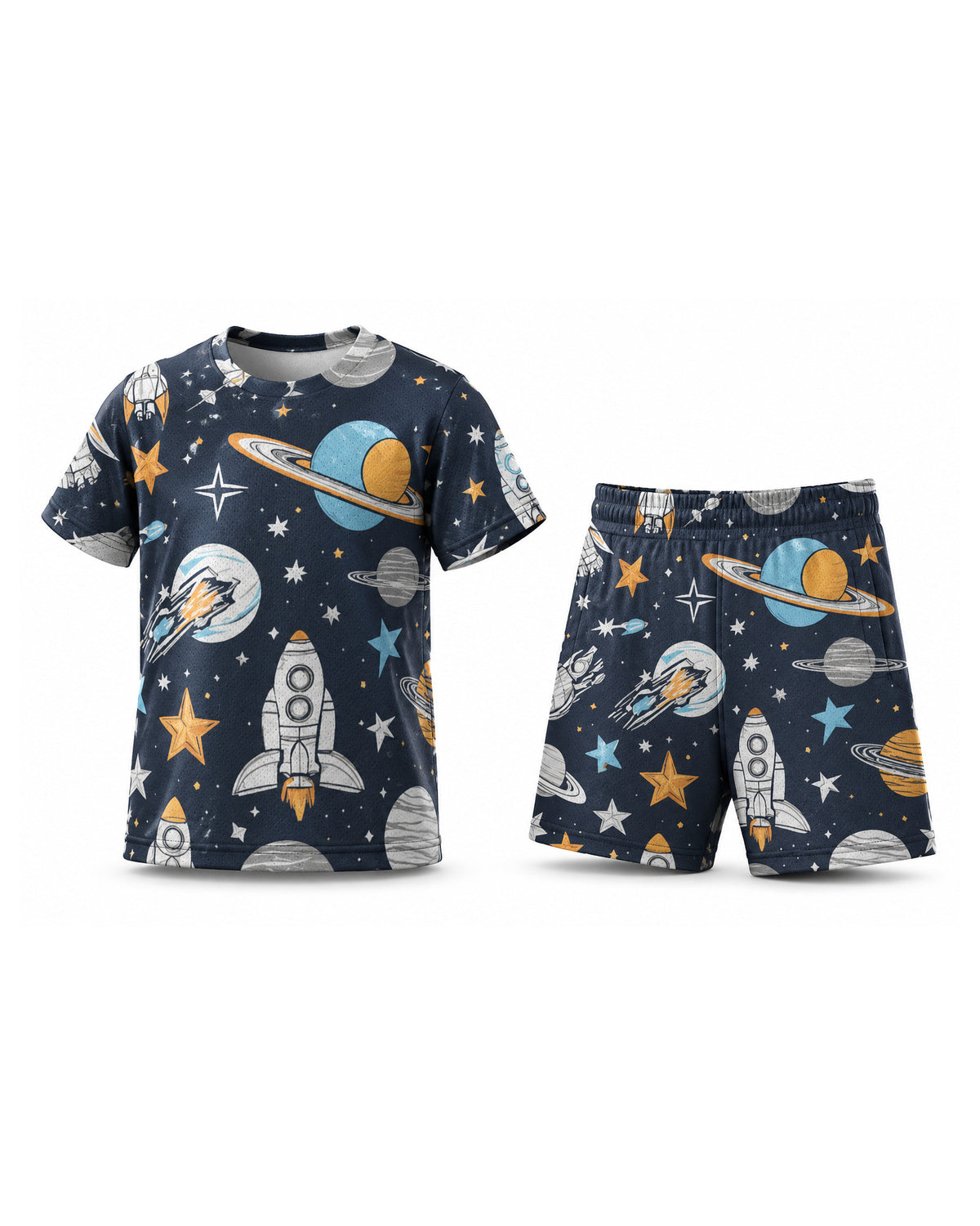 Tiny Sprouts Space & Star Kids AOP Sports Set - t-shirt and shorts, front view