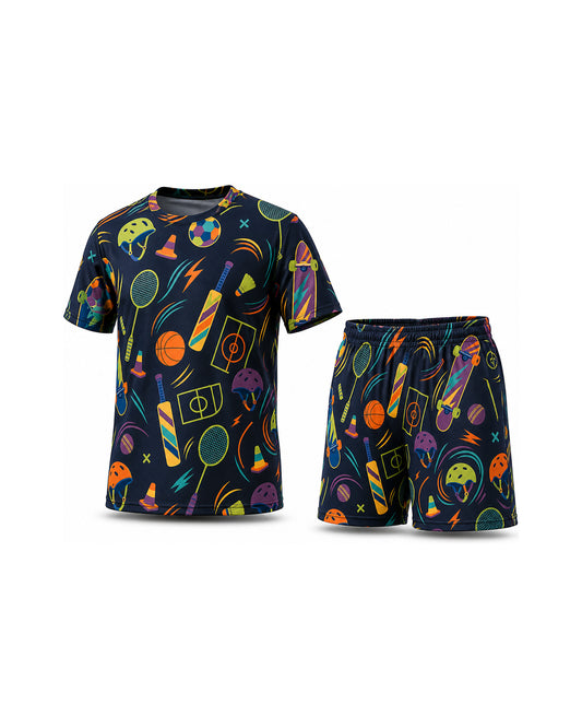 Tiny Sprouts Urban Play Circuit Kids AOP Sports Set - t-shirt and shorts, front view
